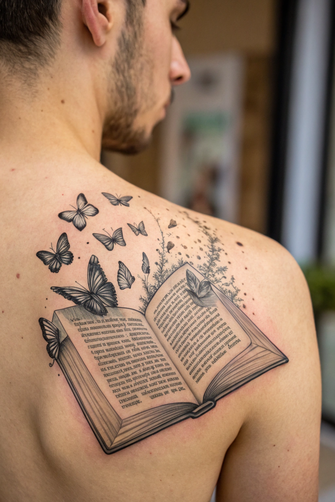 Booklover Tattoo Ideas: A Torn Page Transforming into Butterflies