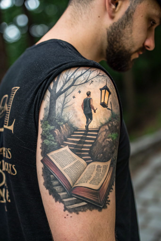 Booklover Tattoo Ideas: A Book with a Staircase Leading into Its Pages