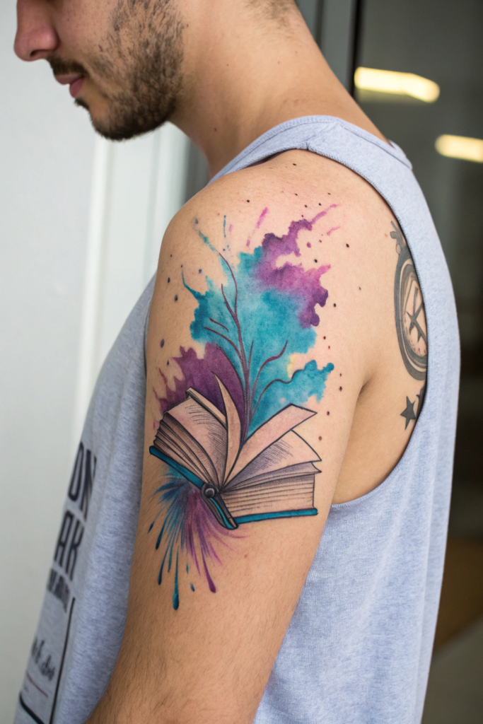 Booklover Tattoo Ideas: A Book with a Watercolor Splash of Your Favorite Genre