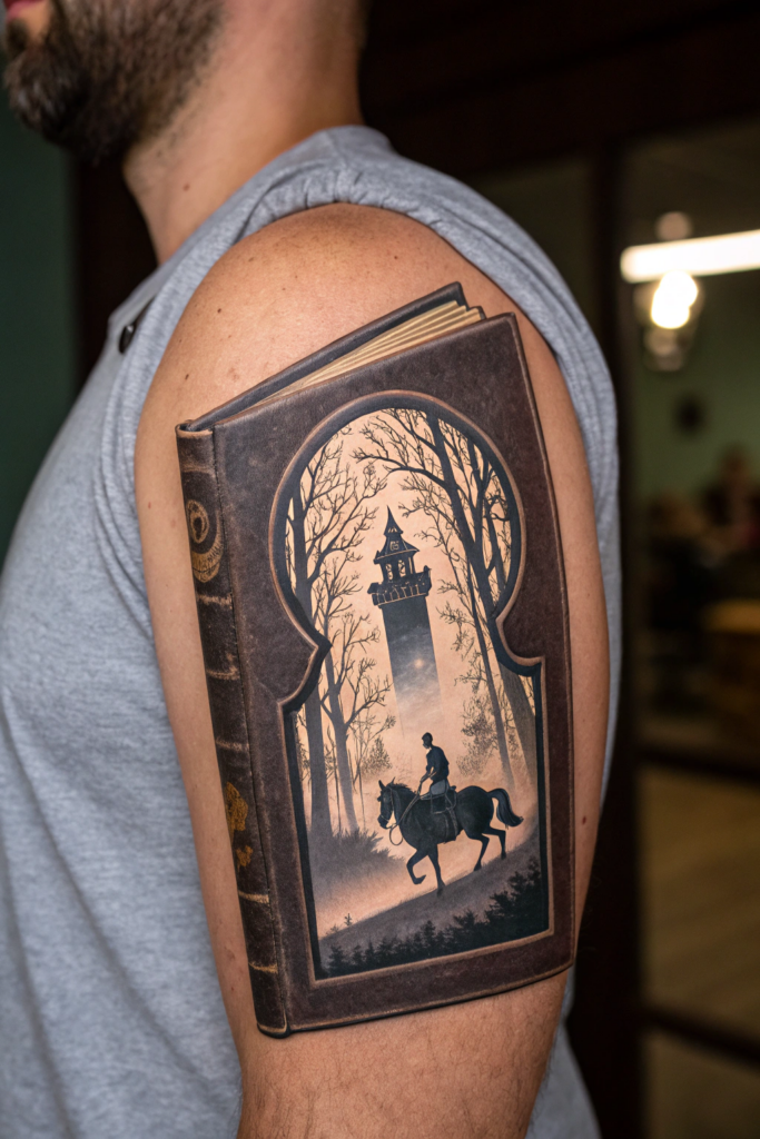 Booklover Tattoo Ideas: A Book with a Keyhole Revealing a Hidden Scene