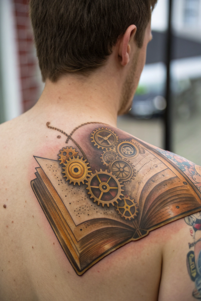 Booklover Tattoo Ideas: A Book with a Clockwork Mechanism Inside