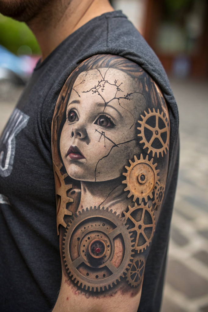 Creepy Gothic Tattoos: Shattered Doll Face with Clockwork Gears