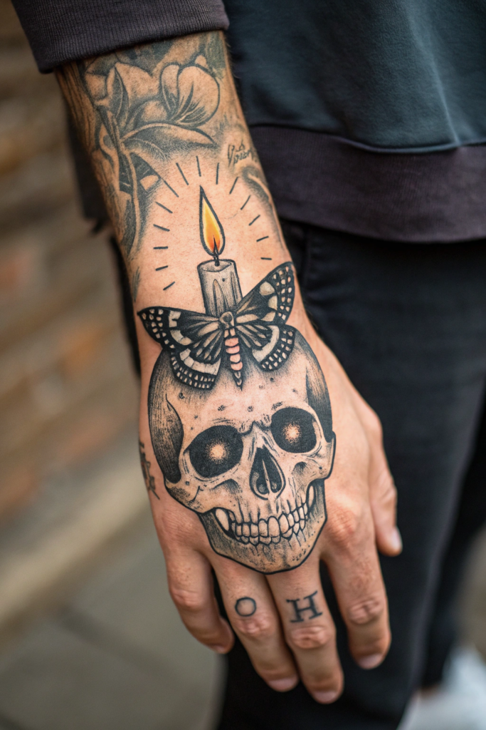 Creepy Gothic Tattoos: Candlelit Skull with Moth Wings