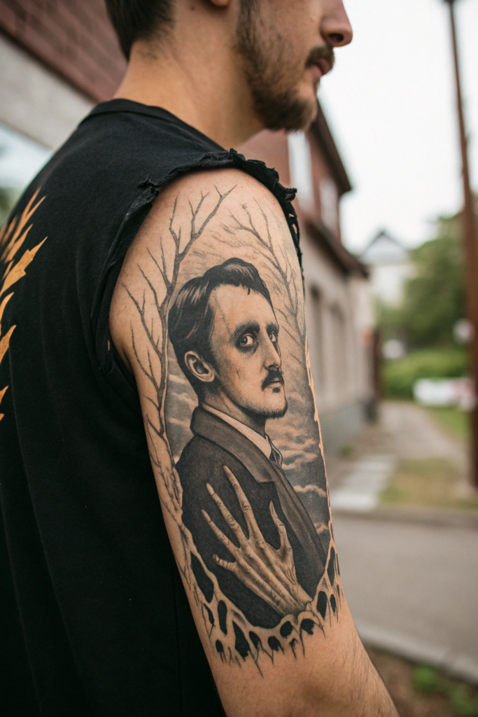 Creepy Gothic Tattoos: Hands Emerging from a Ripped Portrait