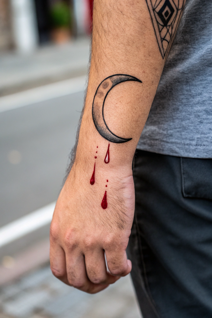 Creepy Gothic Tattoos: Crescent Moon with Dripping Blood