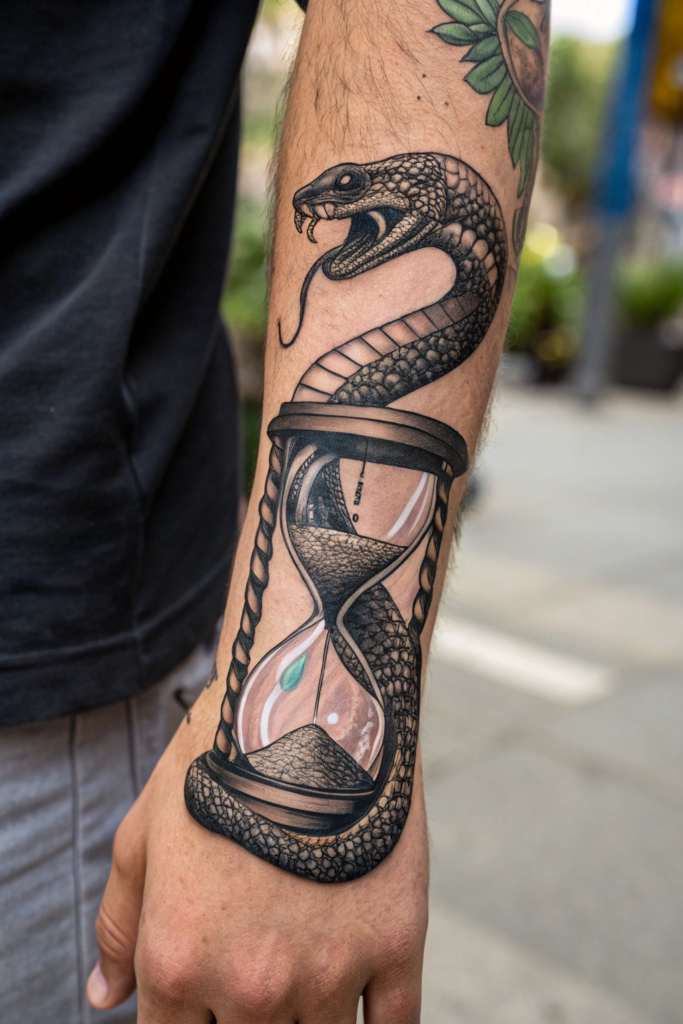 Creepy Gothic Tattoos: Serpent Coiled Around a Hourglass