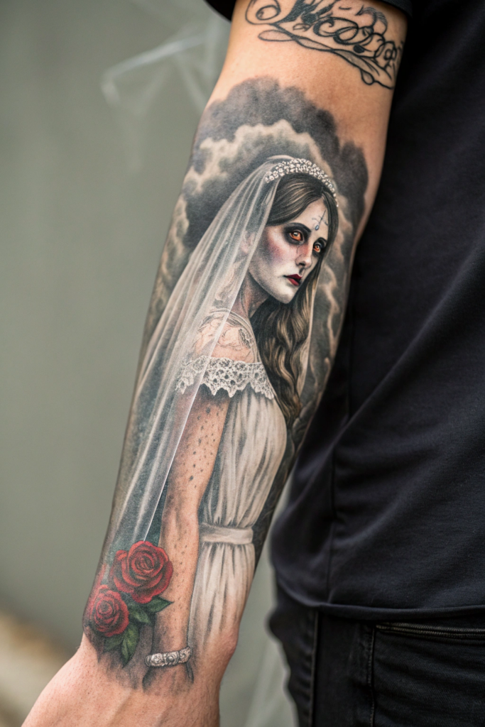 Creepy Gothic Tattoos: Ghostly Bride with a Veil of Smoke