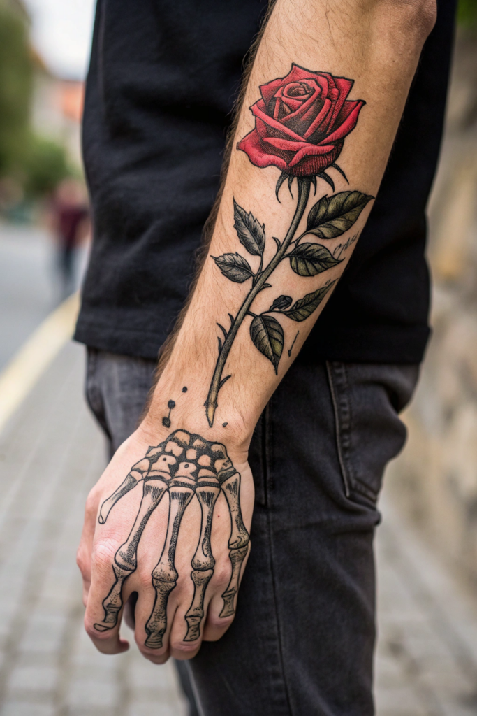 Creepy Gothic Tattoos: Skeletal Hand Holding a Rose