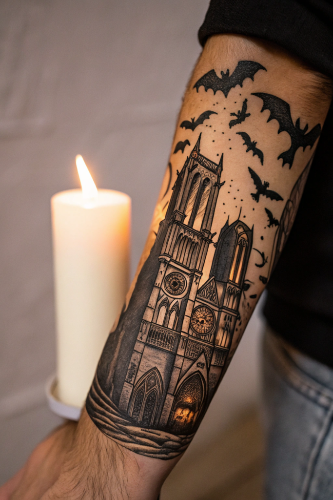 Creepy Gothic Tattoos: Candlelit Cathedral with Flying Bats