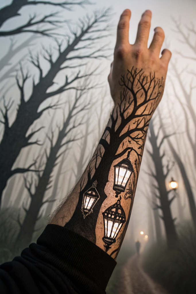 Creepy Gothic Tattoos: Floating Lanterns in a Dark Forest