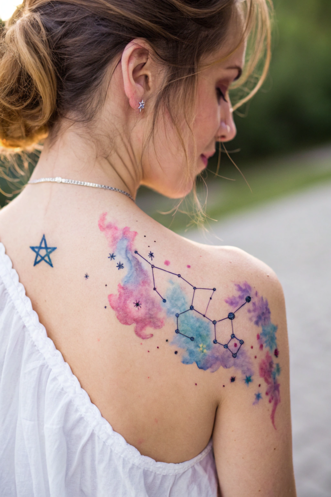 Shoulder Tattoos Ideas: 1. Celestial Constellation with Watercolor Splash