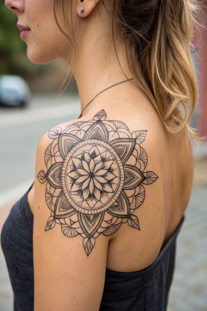 Shoulder Tattoos Ideas: 2. Floral Mandala with Geometric Precision