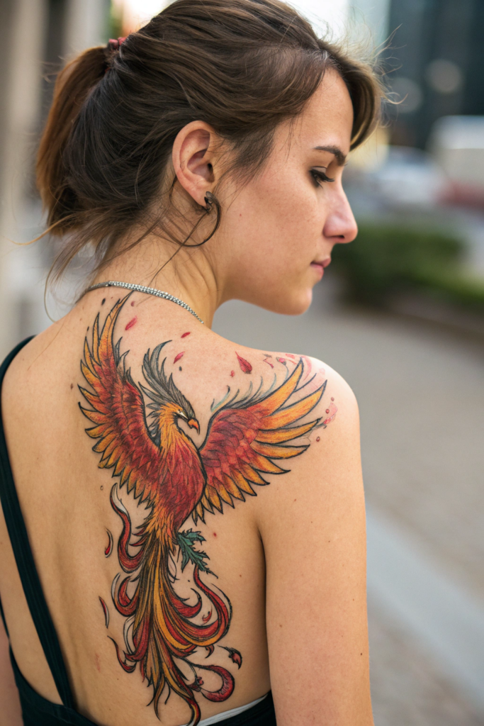 Shoulder Tattoos Ideas: 3. Phoenix Rising with Fiery Accents