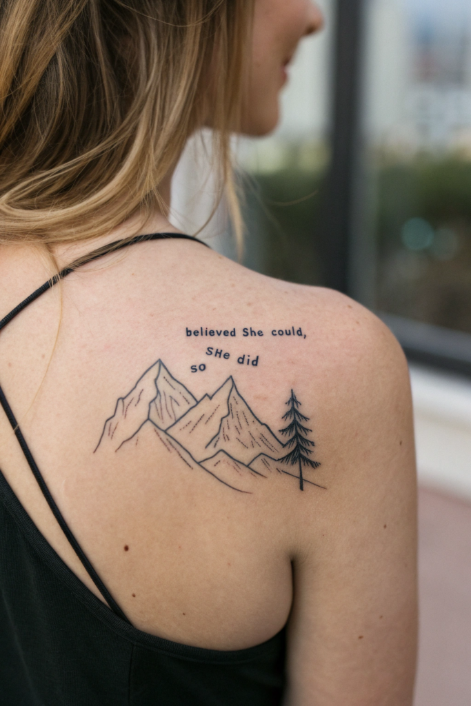 Shoulder Tattoos Ideas: 4. Minimalist Mountain Range with a Hidden Quote