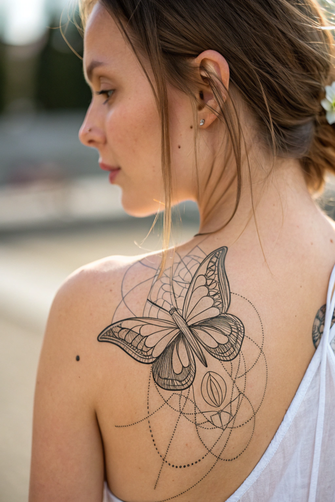 Shoulder Tattoos Ideas: 5. Butterfly with Abstract Line Art