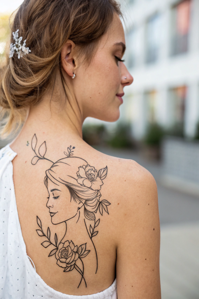 Shoulder Tattoos Ideas: 10. Abstract Female Silhouette with Floral Accents