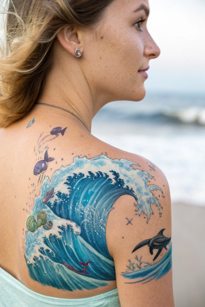 Shoulder Tattoos Ideas: 11. Ocean Wave with Hidden Sea Creatures