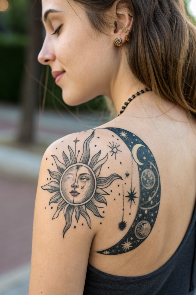 Shoulder Tattoos Ideas: 12. Sun and Moon Fusion with Cosmic Elements