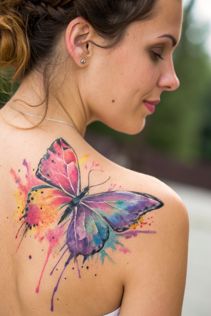 Shoulder Tattoos Ideas: 14. Abstract Watercolor Butterfly with Splashes of Color