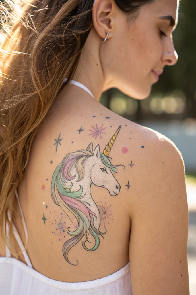 Shoulder Tattoos Ideas: 15. Mystical Unicorn with Glowing Horn