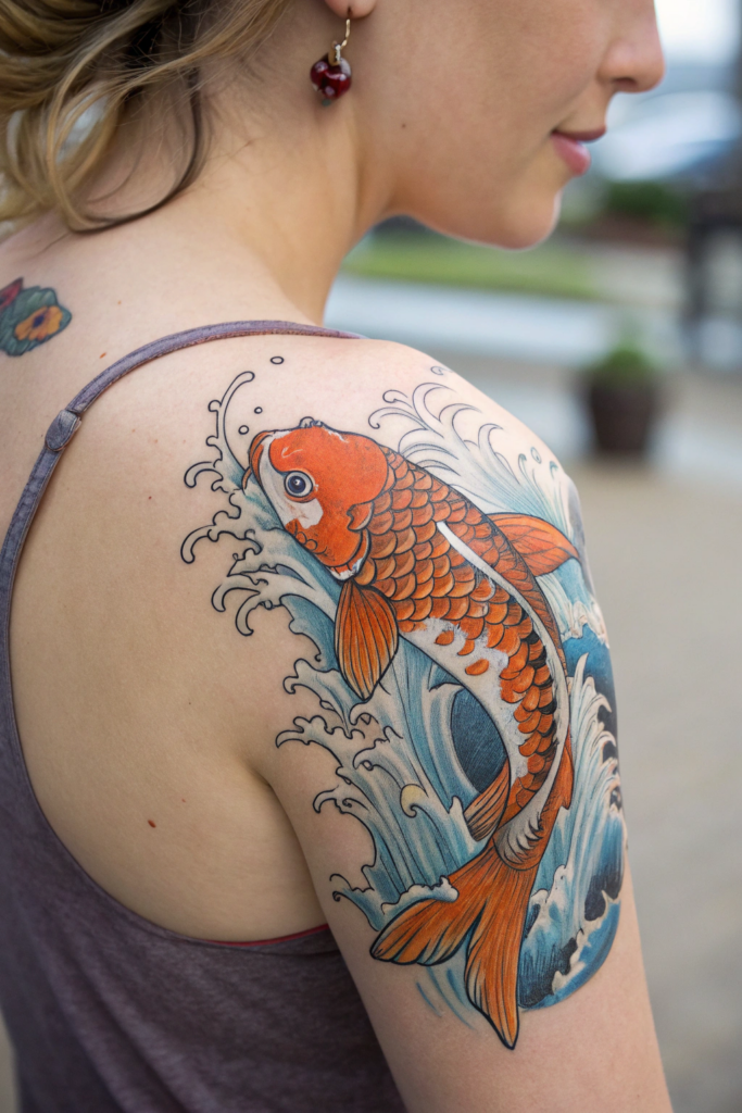 Shoulder Tattoos Ideas: 16. Japanese Koi Fish with Flowing Water