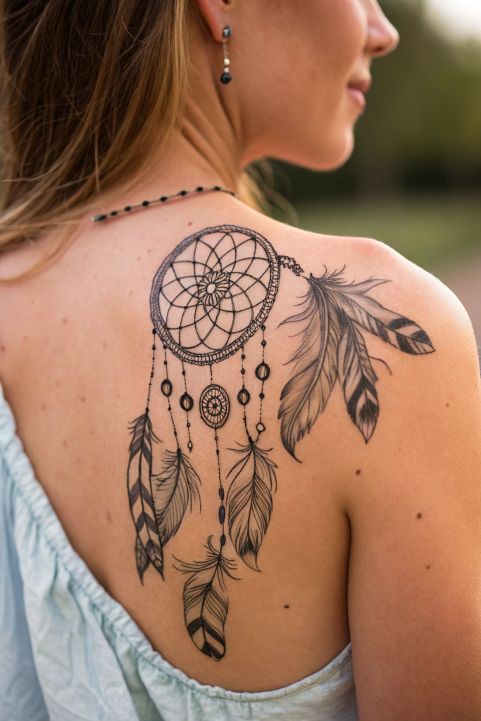 Shoulder Tattoos Ideas: 17. Dreamcatcher with Feathers and Beads