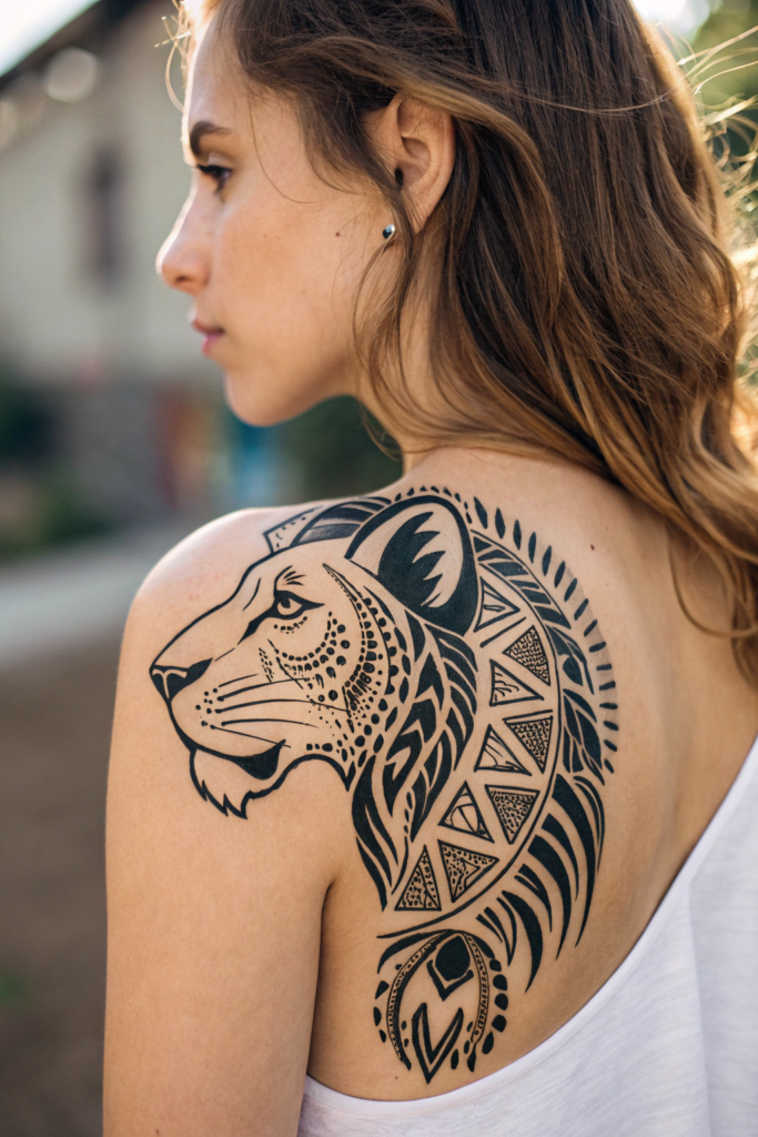 Shoulder Tattoos Ideas: 18. Abstract Lioness with Tribal Patterns