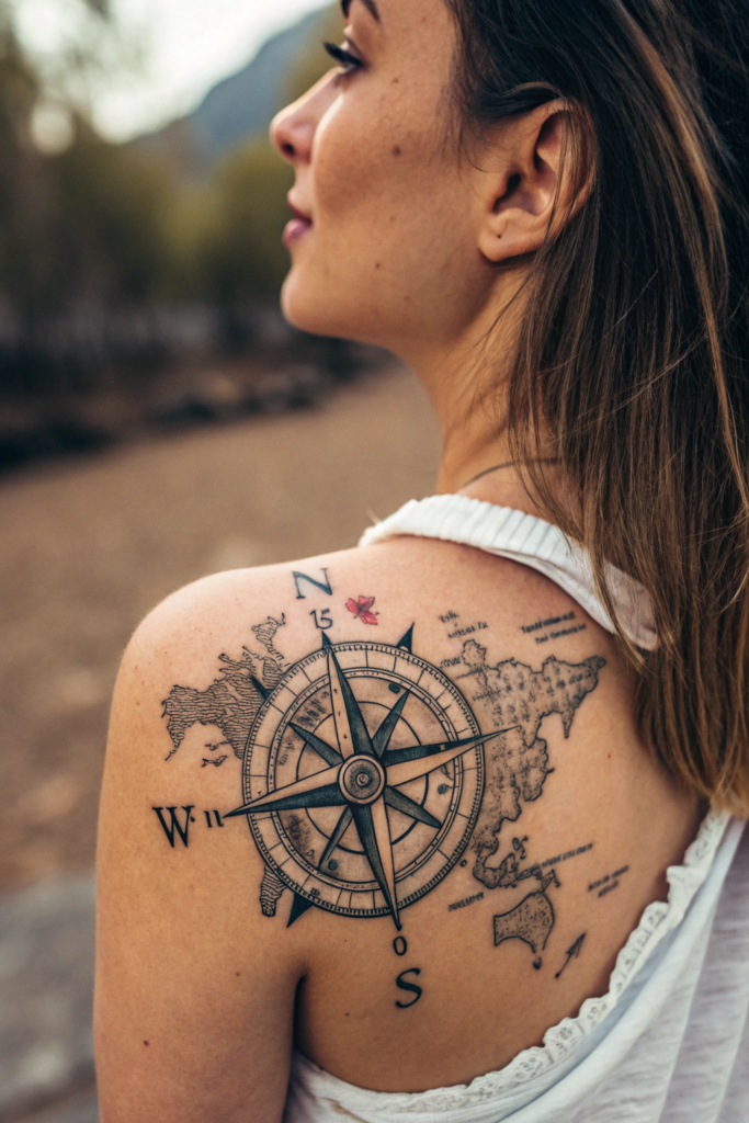 Shoulder Tattoos Ideas: 19. Vintage Compass with Travel-Inspired Elements