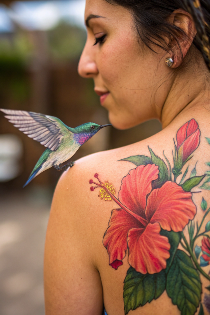 Shoulder Tattoos Ideas: 20. Hummingbird with Blooming Flowers