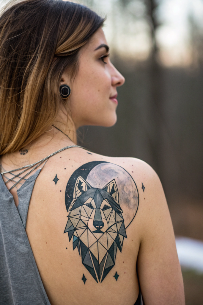 Shoulder Tattoos Ideas: 23. Abstract Wolf with Moonlit Background