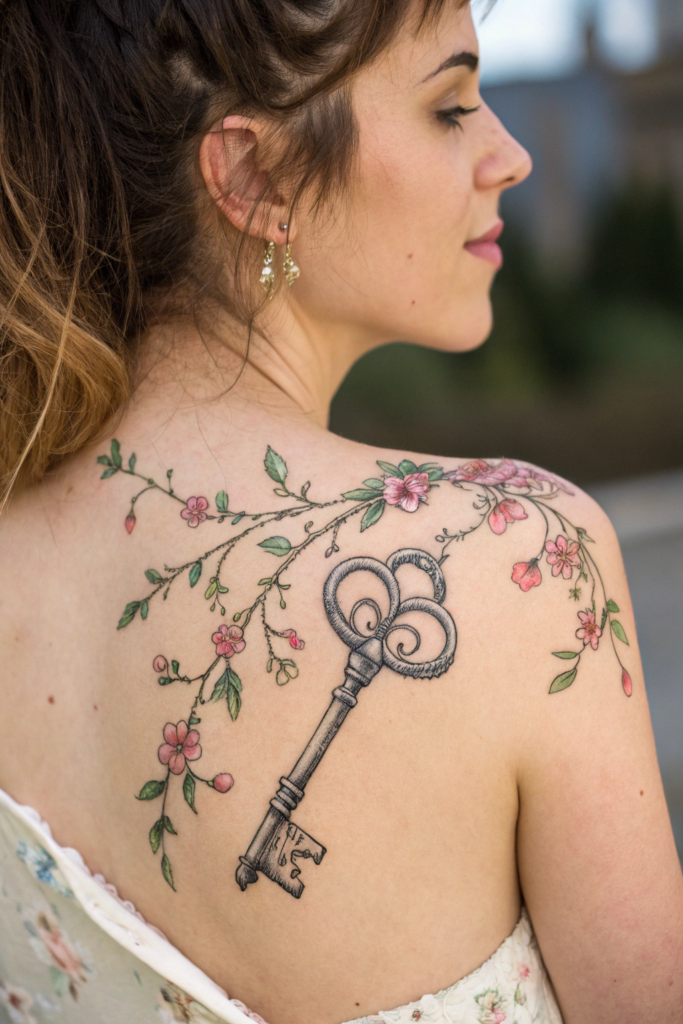 Shoulder Tattoos Ideas: 24. Vintage Key with Floral Vines