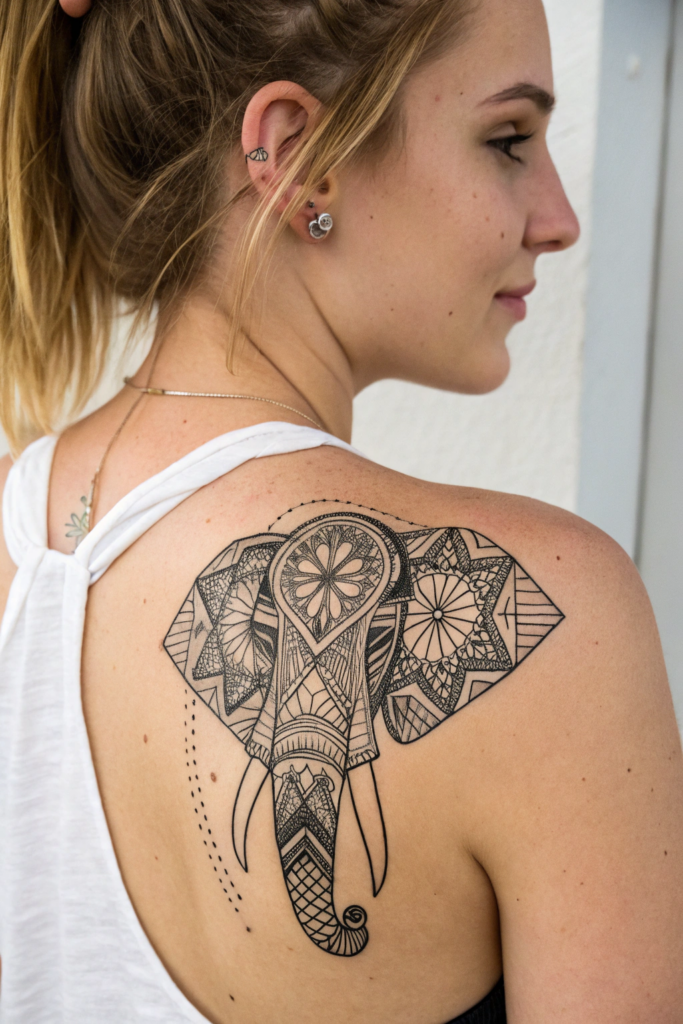 Shoulder Tattoos Ideas: 25. Abstract Elephant with Mandala Patterns