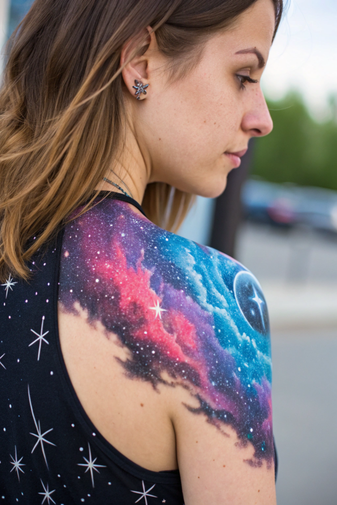 Shoulder Tattoos Ideas: 8. Galaxy-Inspired Nebula with Shimmering Stars