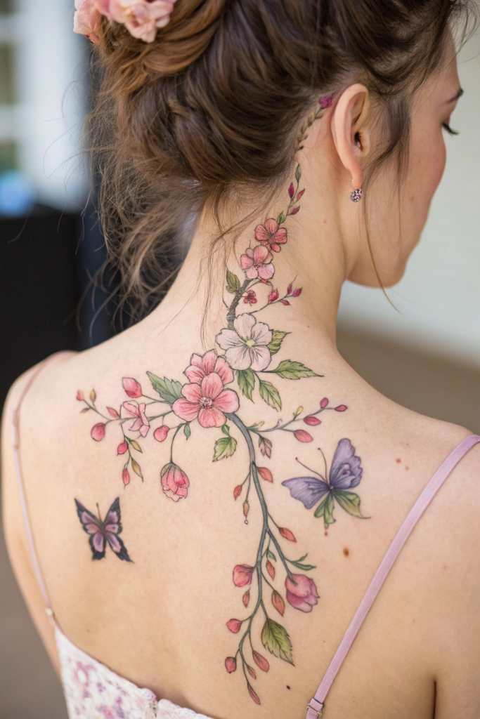 Neck Tattoo Ideas for Women: 2. Floral Spine with Hidden Butterflies