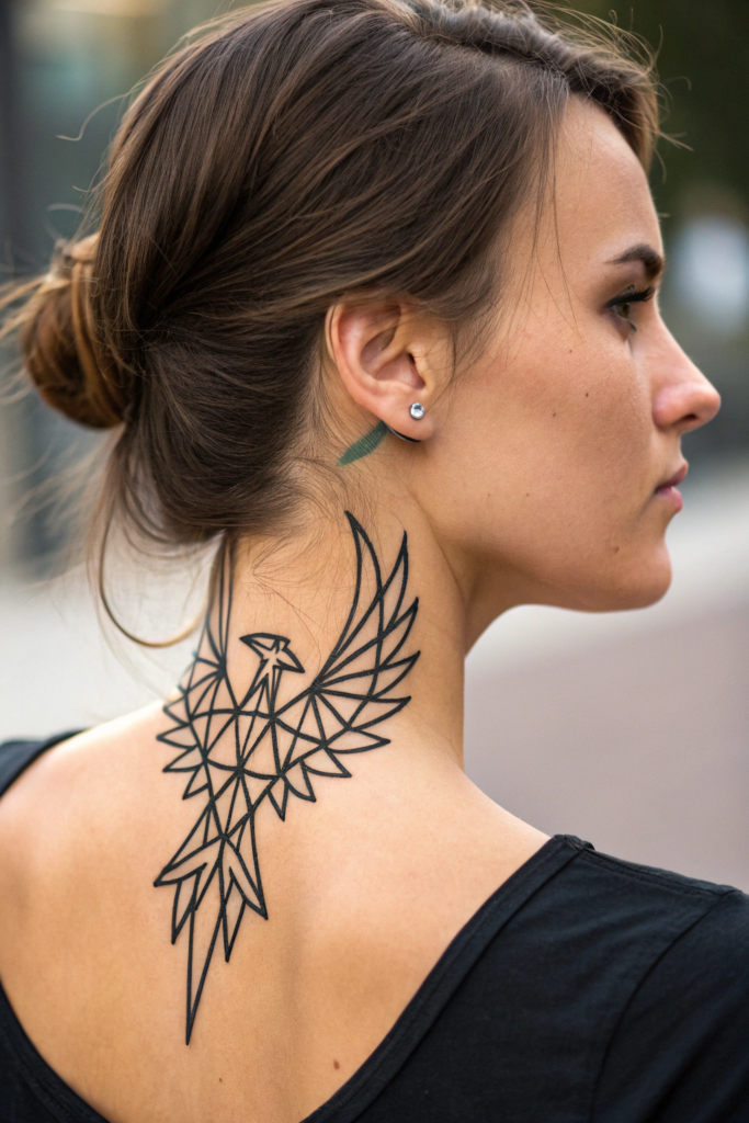 Neck Tattoo Ideas for Women: 3. Geometric Phoenix Rising