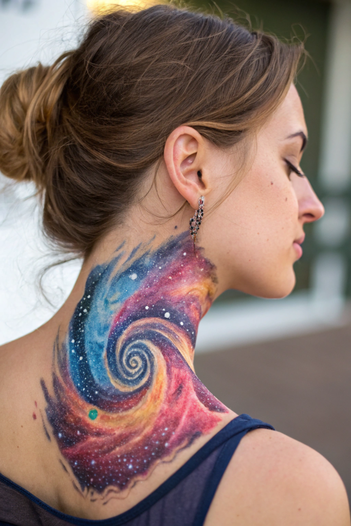 Neck Tattoo Ideas for Women: 4. Watercolor Galaxy Swirl