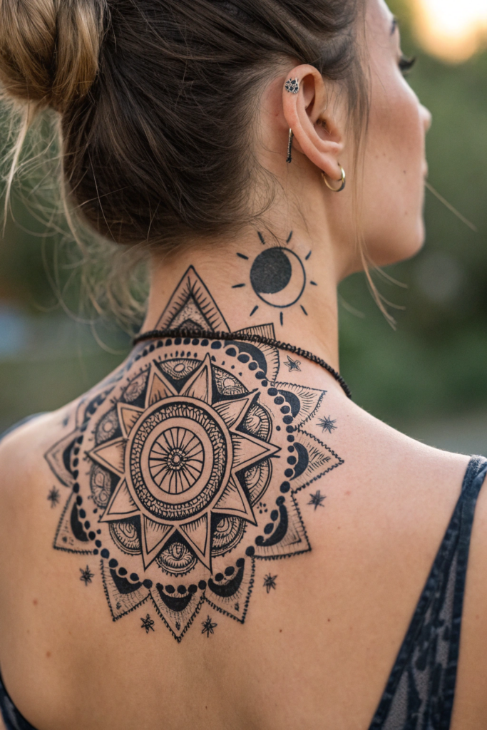 Neck Tattoo Ideas for Women: 6. Mystical Mandala with Hidden Symbols