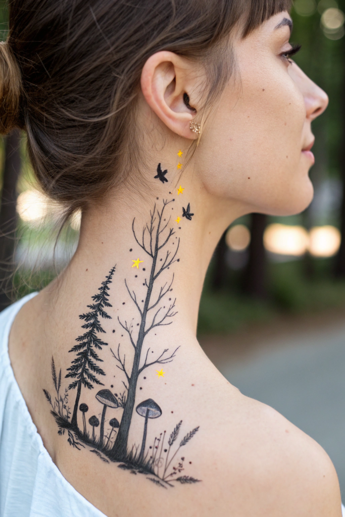 Neck Tattoo Ideas for Women: 7. Enchanted Forest Silhouette