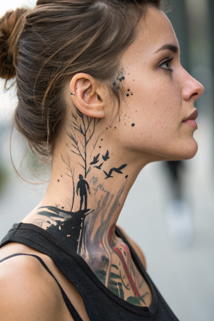 Neck Tattoo Ideas for Women: 8. Abstract Ink Splash with Hidden Figures