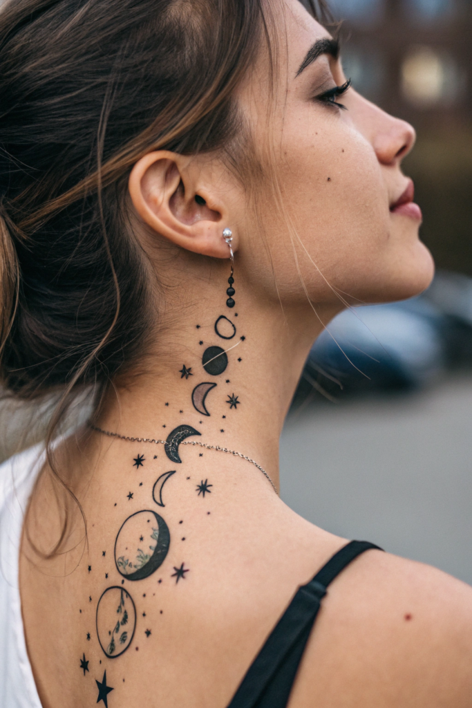 Neck Tattoo Ideas for Women: 9. Lunar Phases with Starry Accents