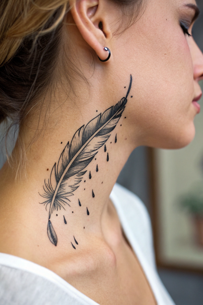 Neck Tattoo Ideas for Women: 10. Feather Quill with Ink Drops