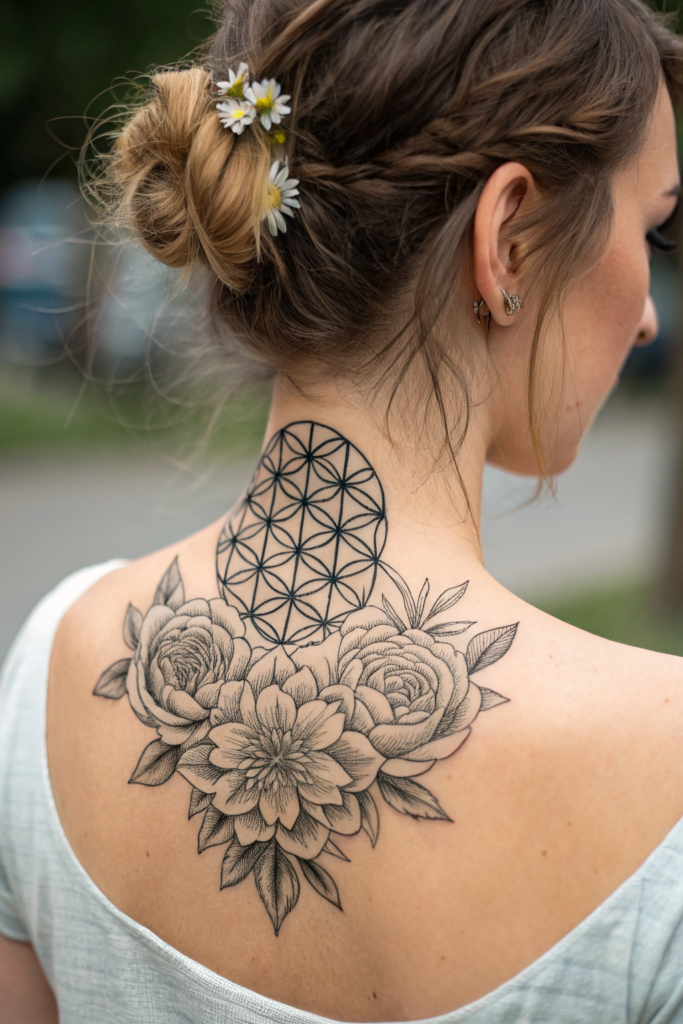 Neck Tattoo Ideas for Women: 11. Sacred Geometry with Floral Accents