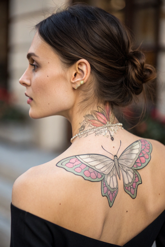 Neck Tattoo Ideas for Women: 13. Butterfly Wing Collar