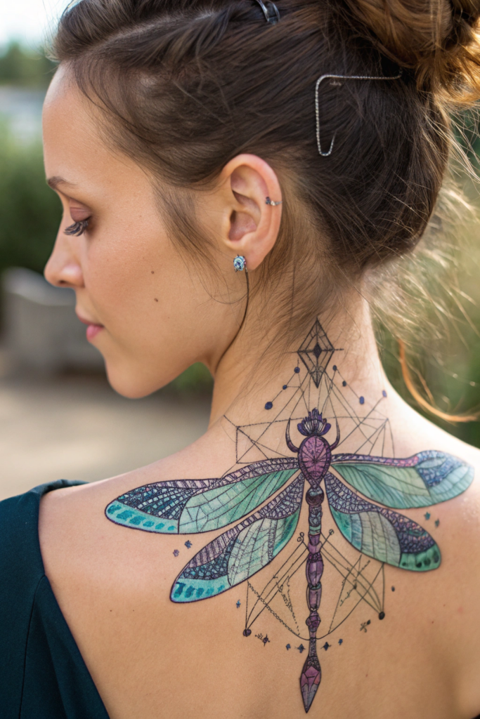 Neck Tattoo Ideas for Women: 15. Mythical Dragonfly with Crystal Accents