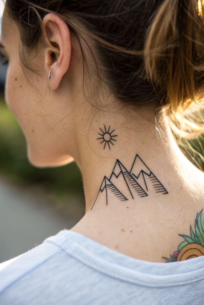 Neck Tattoo Ideas for Women: 16. Minimalist Mountain Range with Sunburst