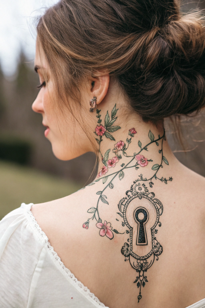 Neck Tattoo Ideas for Women: 17. Vintage Keyhole with Floral Vines