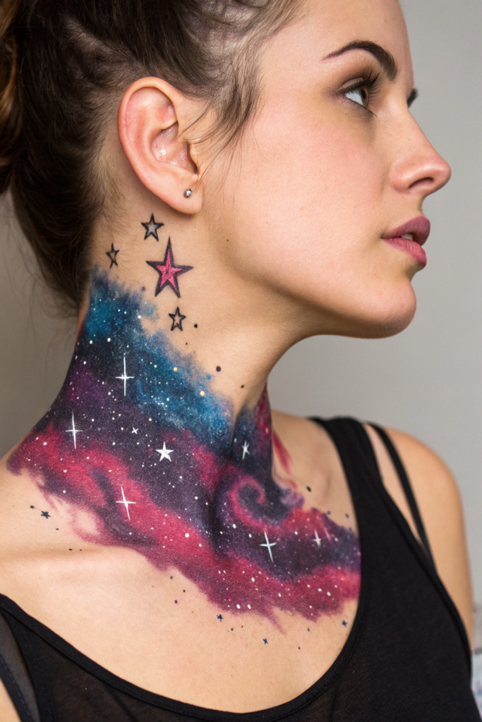 Neck Tattoo Ideas for Women: 18. Galactic Nebula with Shooting Stars