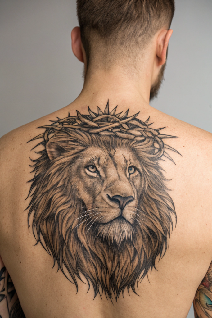 Biblical Art Tattoos Ideas: 1. The Lion of Judah with a Crown of Thorns