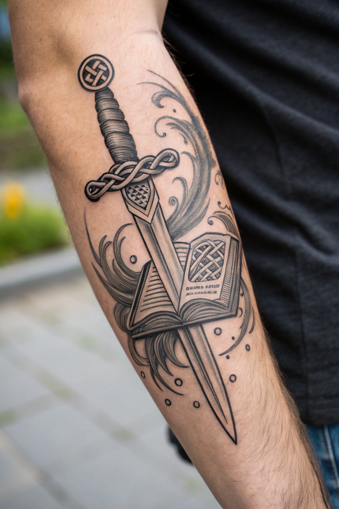 Biblical Art Tattoos Ideas: 6. The Sword of the Spirit with a Holy Bible