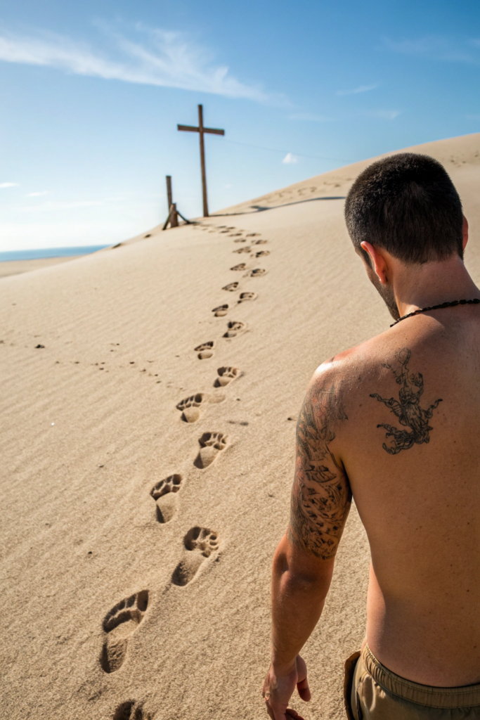 Biblical Art Tattoos Ideas: 7. The Footprints in the Sand with a Cross